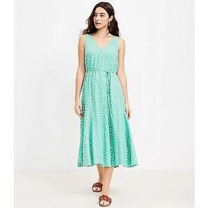LOFT Green White Dotted Godet Double V Midi Dress